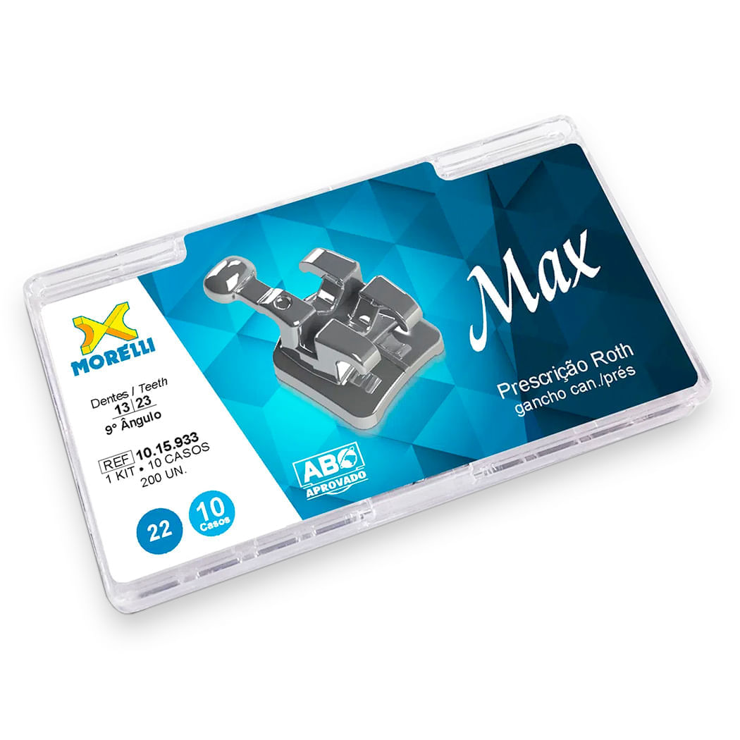 10.15.933 Kit Bráquetes 10 Casos Prescrição Roth Max .022 Canino 9°Ang Gancho Can/Pres - Morelli